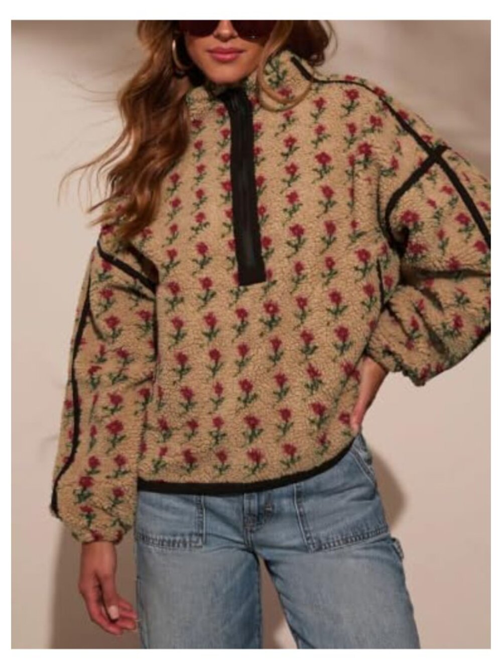 Womens Oversized Sherpa Fleece Floral Half Zip Sweatshirt Jacket - Picture 2 of 4